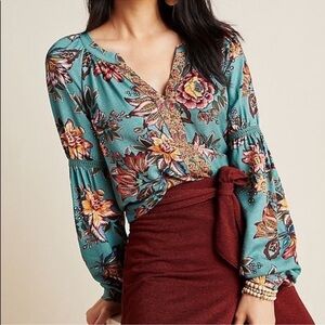 Farm Rio Paola Floral Peasant V-Neck Blouse Bohemian Fall Floral- Small